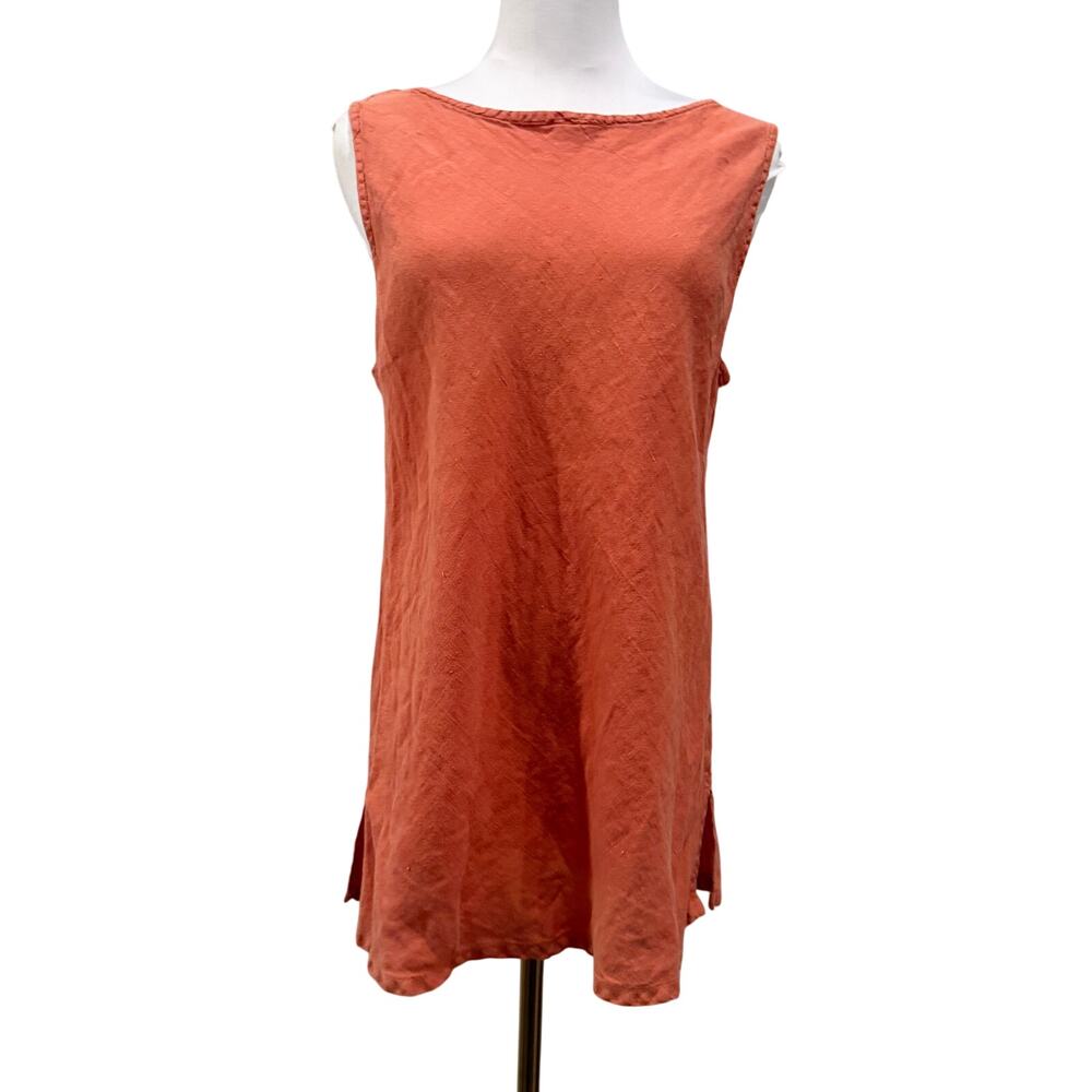 Cut Loose 100% Linen Coral Orange Sleeveless Tunic Top Boat Neck Chic Coastal L